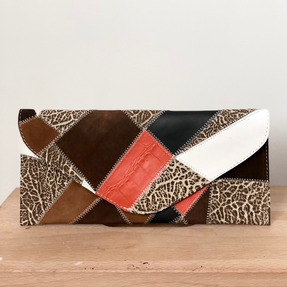 NWOT!! Patchwork Leather Envelope Clutch - Picture 1 of 6